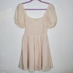 Blue Blush Beige Plaid Gingham Puff Sleeve Smocked Cottagecore Mini Dress Sz S